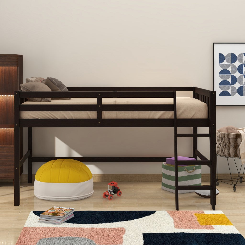 Brown Twin Size Low Loft Bed With Ladder