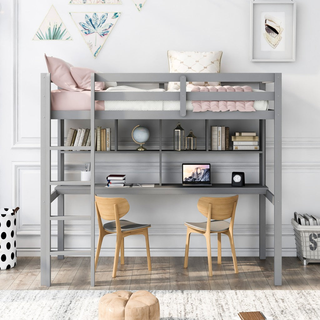 Gray Twin Loft Bed With Desk and Shelves