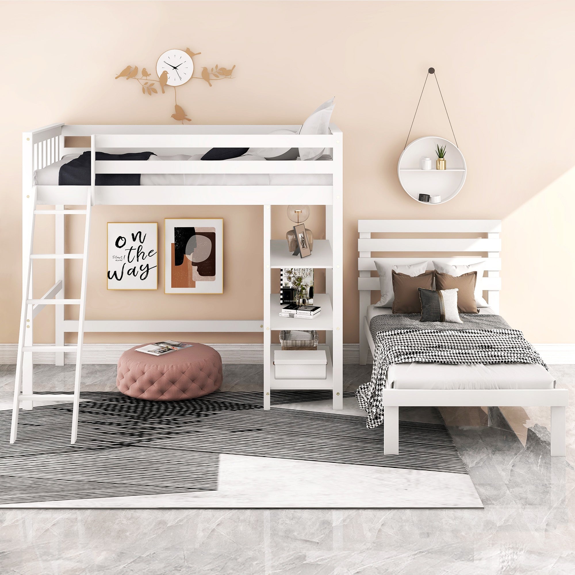 White Double Twin Size Ladder Loft Bed With Headboard