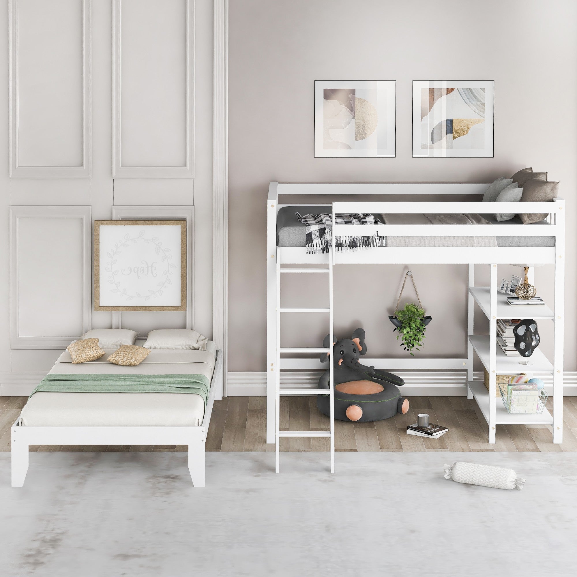 White Double Twin Size Ladder Loft Bed