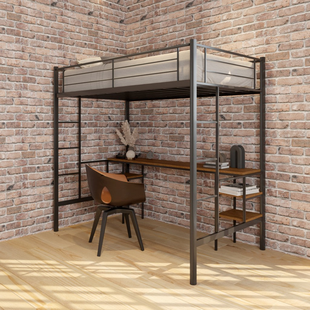 Neo Black and Maple Metal Loft Bed with Desk and Double Ladder