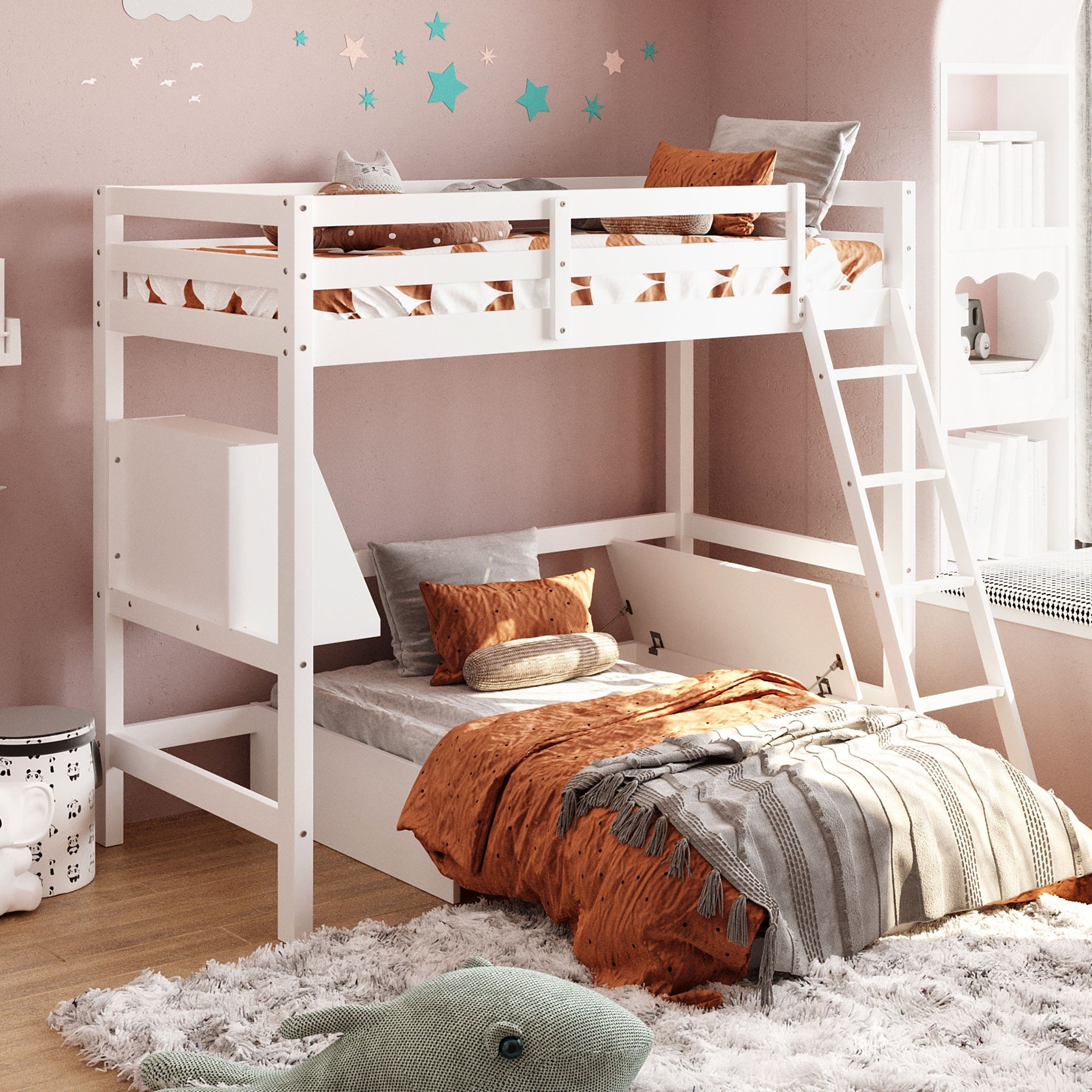 White Convertible Twin over Twin Bunk Bed with Storage