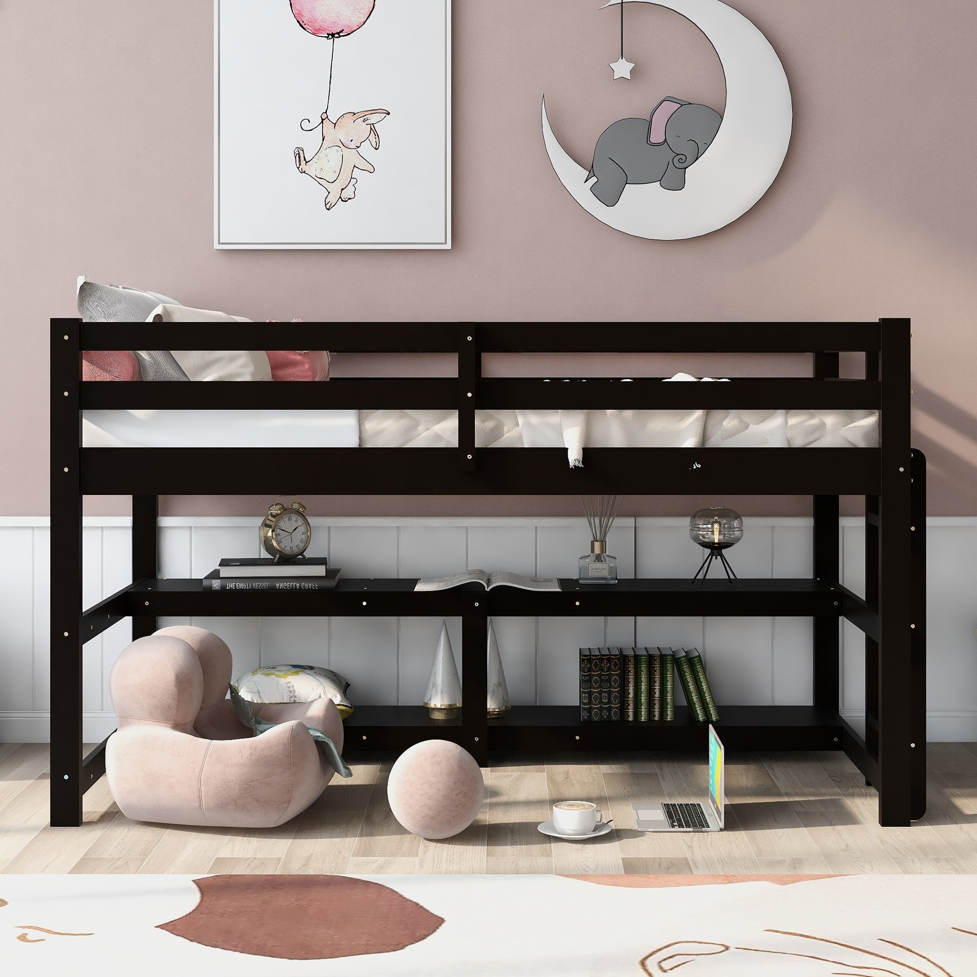 Minimalist Dark Brown Twin Size Loft Bed with Built In Shelves