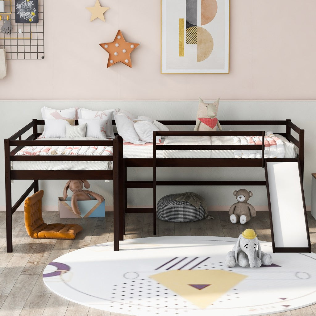 Dark Brown L Shaped Double Twin Low Loft Beds with Slide