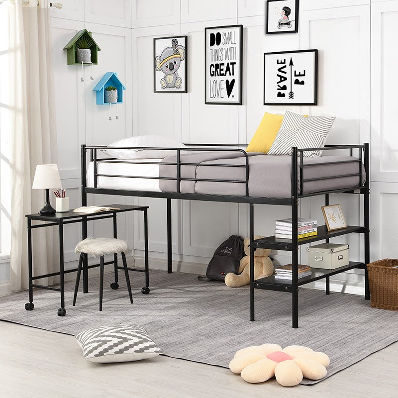 Mod Black Twin Size Metal Loft Bed with Book Shelf and Roll Out Desk