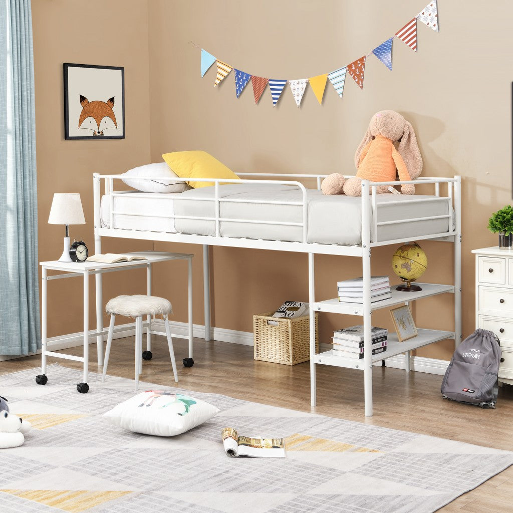 Mod White Twin Size Metal Loft Bed with Book Shelf and Roll Out Desk