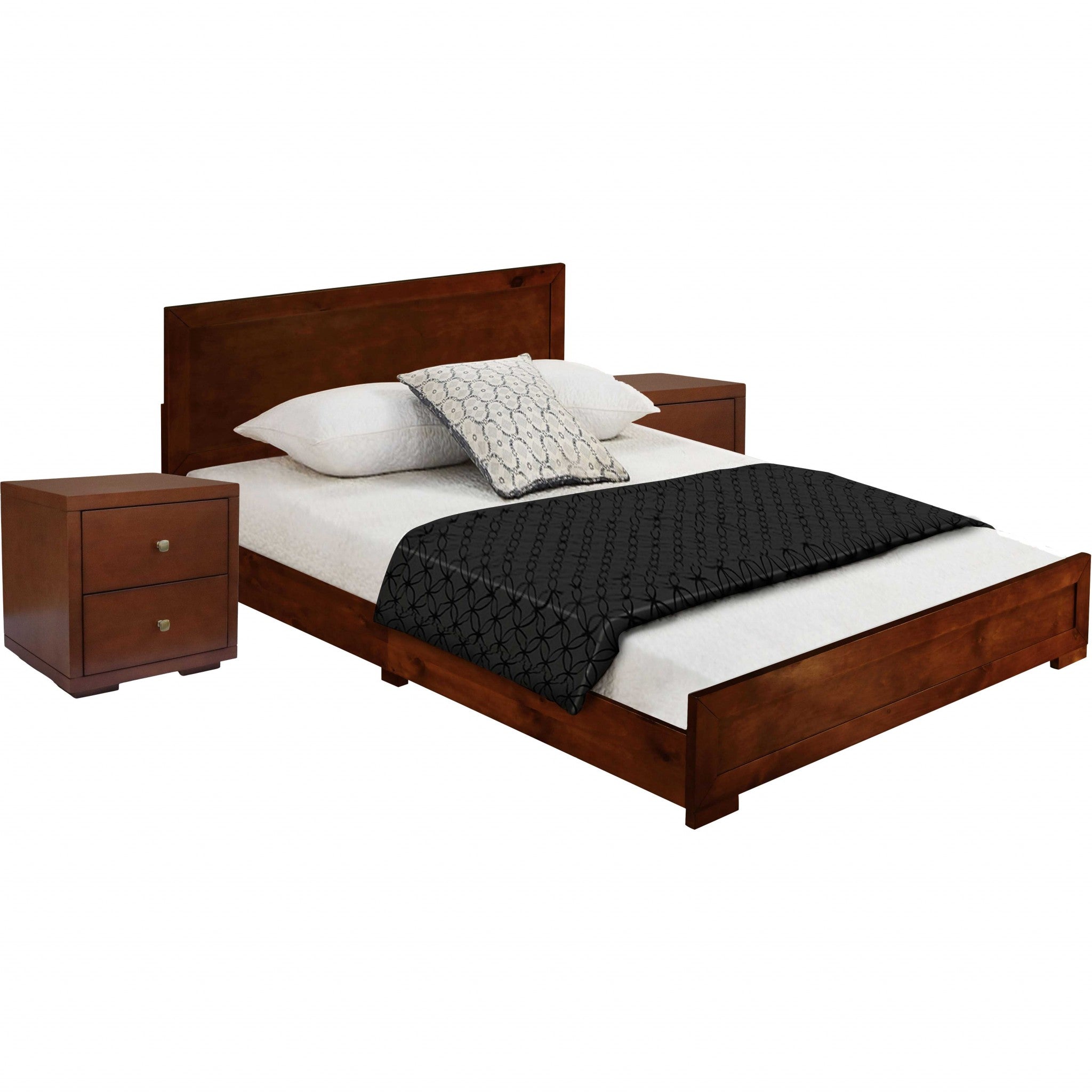 Moma Walnut Wood Platform Queen Bed With Two Nightstands