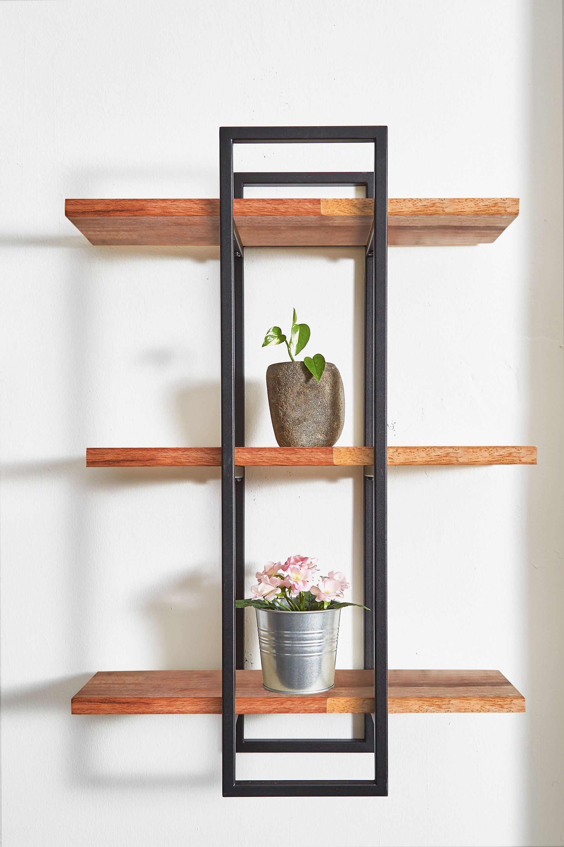 Modern Black and Natural Deouble Rectangle Hanging Wall Shelves