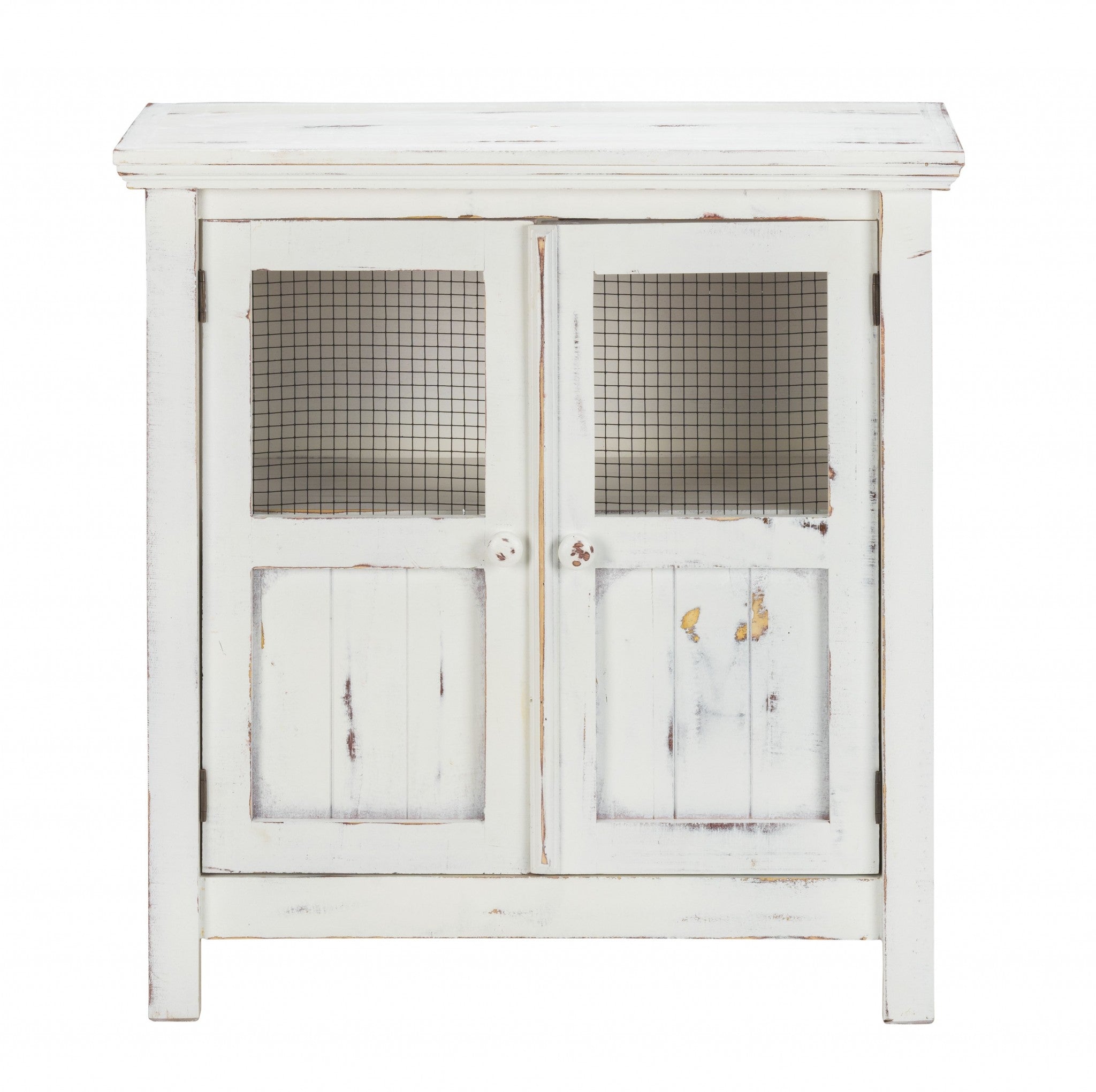 Rustic White Wood and Wire Two Door Accent Cabinet