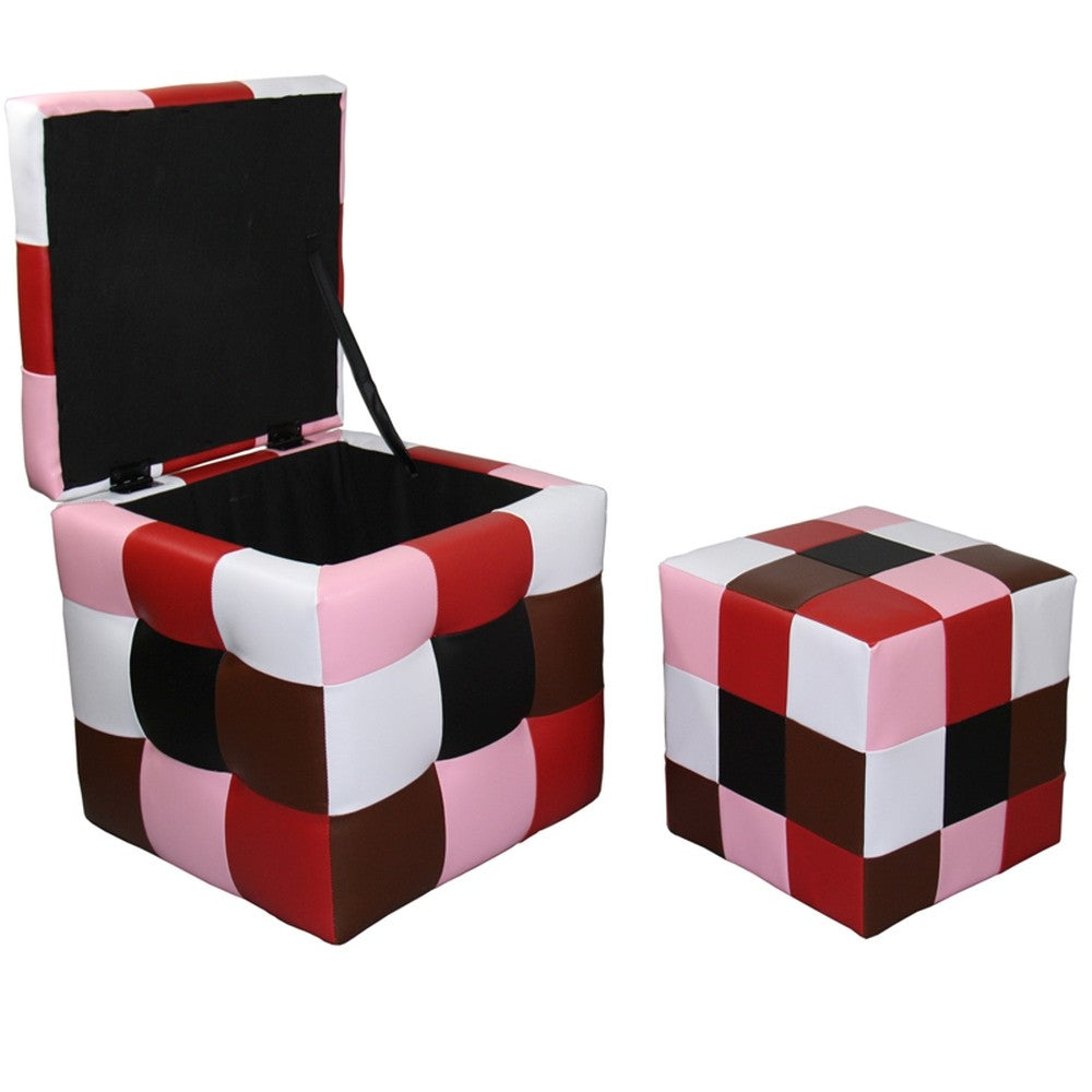 Set of Two Red Pink and Brown Storage Ottoman Cubes