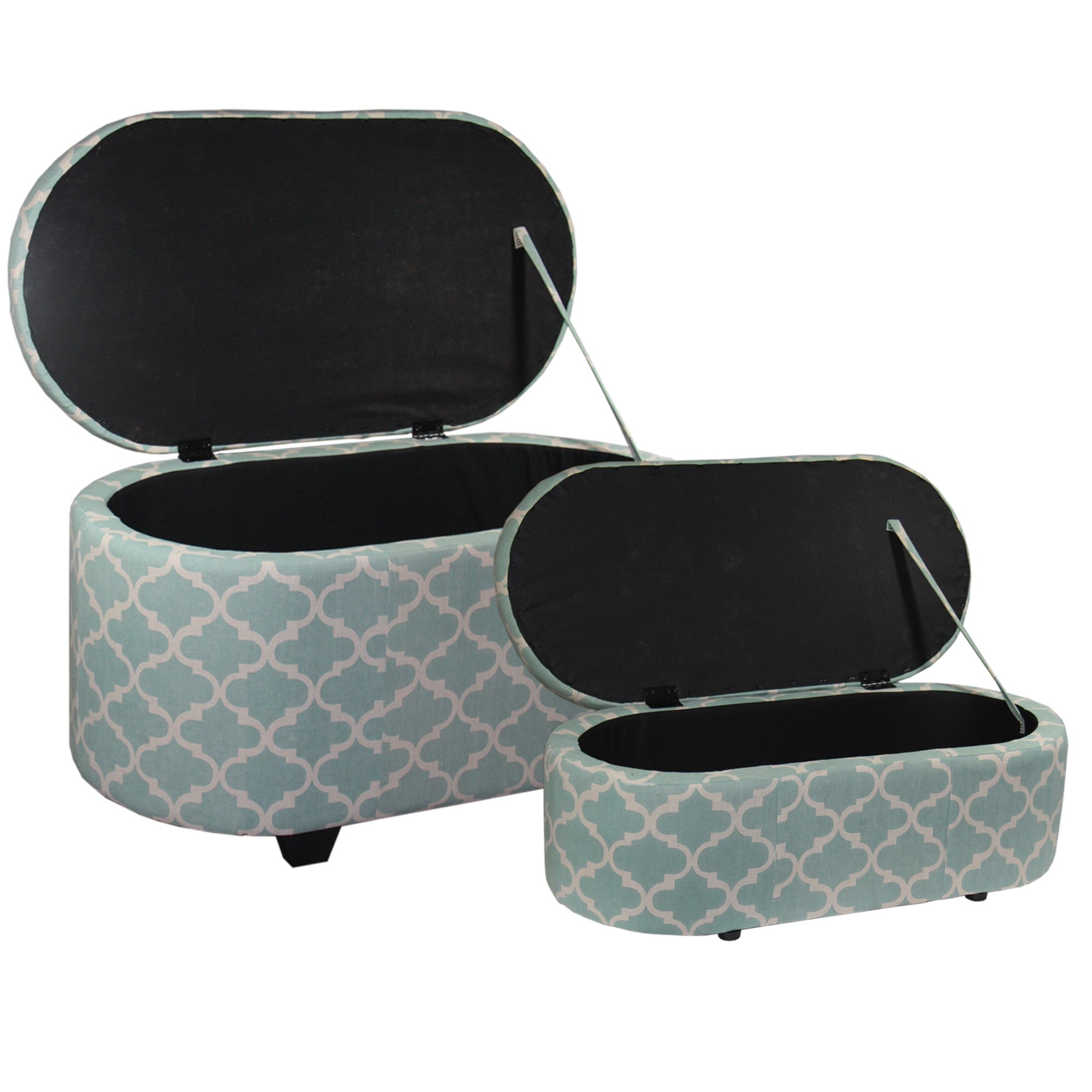 Teal and Cream Quatrefoil Oval Storage Bench