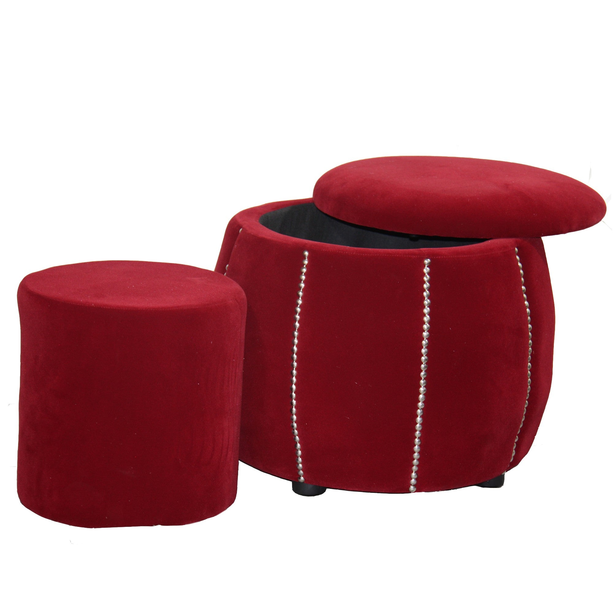 Set of Two Red and Faux Pearl Round Ottomans