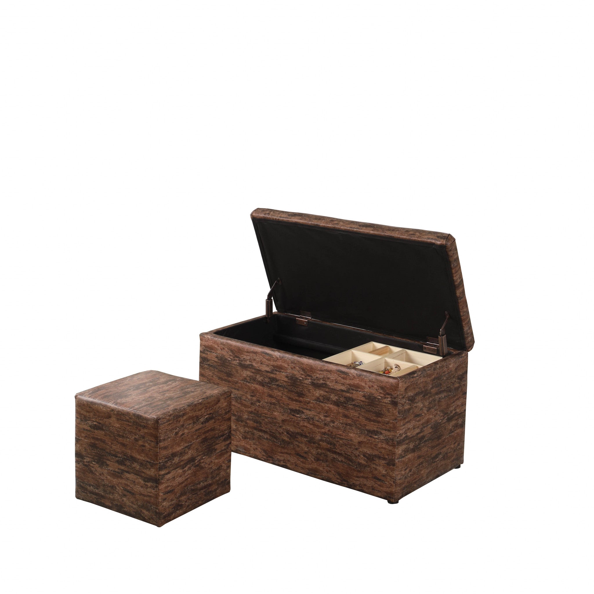 Dark Brown Wood Grain Faux Leather Storage Bench and Ottoman