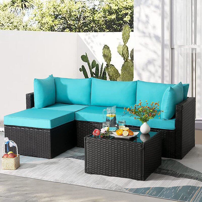 Aqua and Brown Wicker L Shape Three Piece Sofa Set