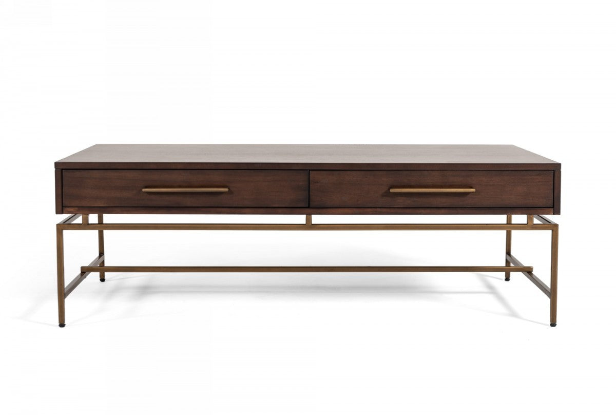 Mid Century Modern Acacia and Brass Coffee Table