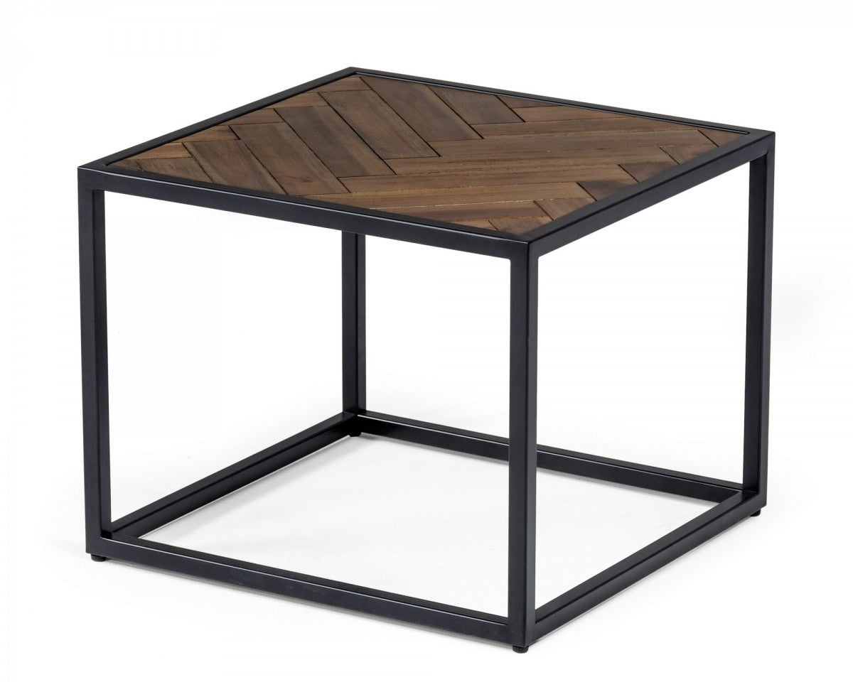 Modern Rustic Brown and Black Chevron Wood and Metal End Table