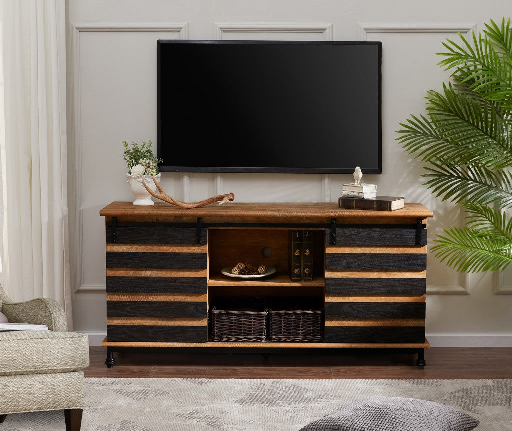 Black and Brown Sliding Barn Door Modern TV Stand