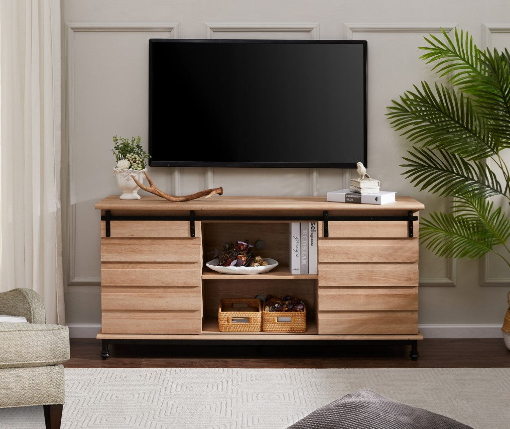 Natural Oak Sliding Barn Doors Modern TV Stand