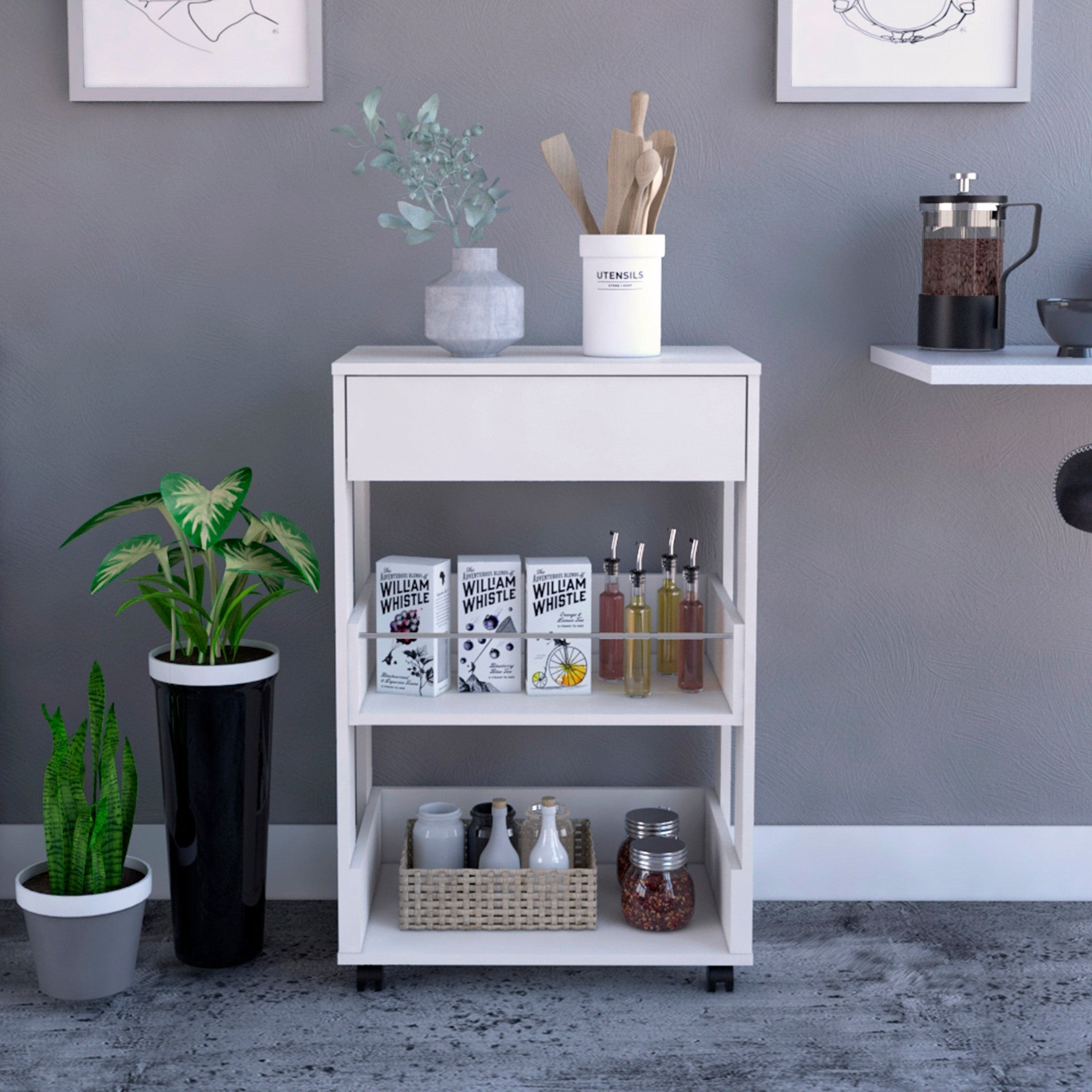 White Kitchen Cart with Storage Drawer