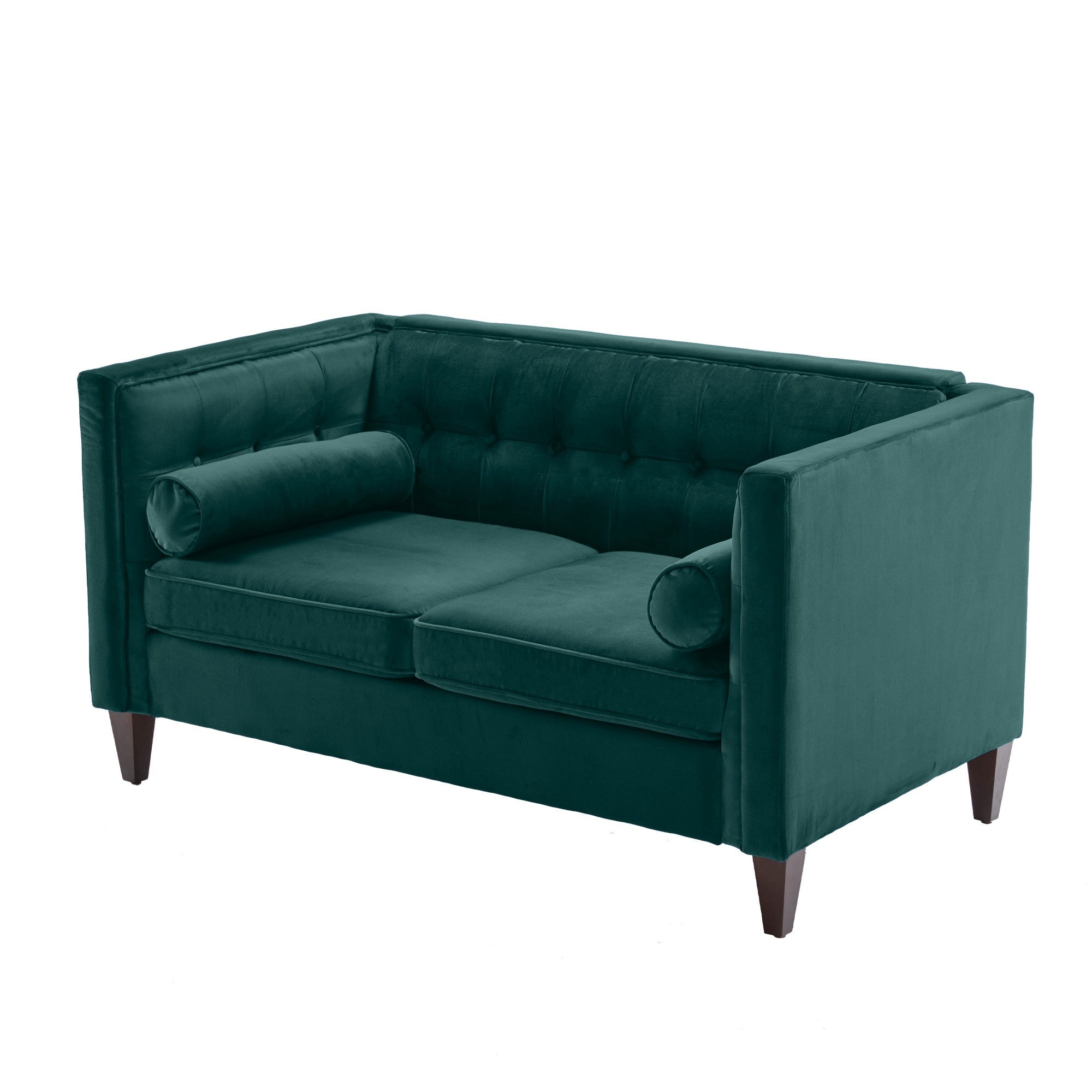 Blue Velvet Upholstered Loveseat with Bolster Pillows