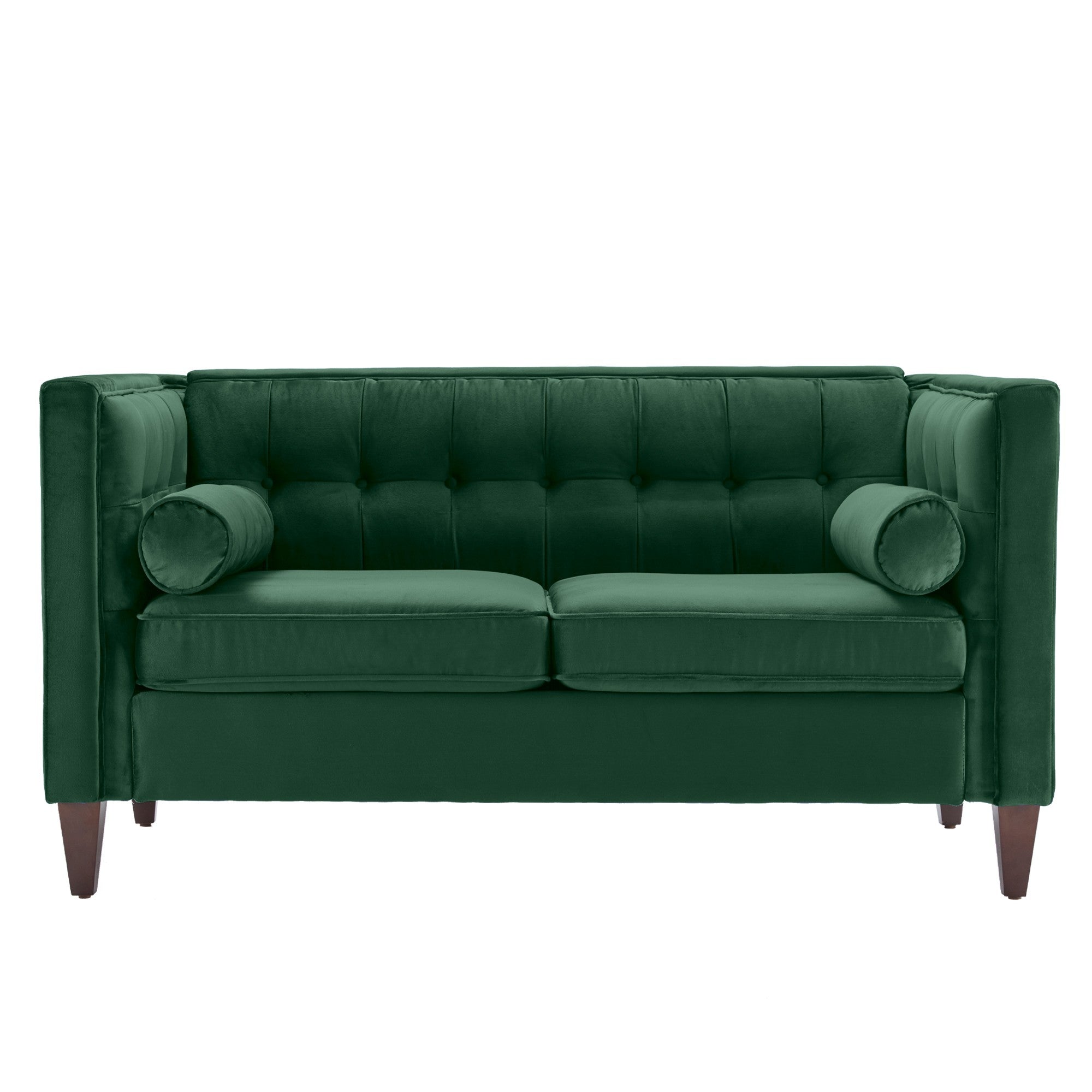 Green Velvet Upholstered Loveseat with Bolster Pillows