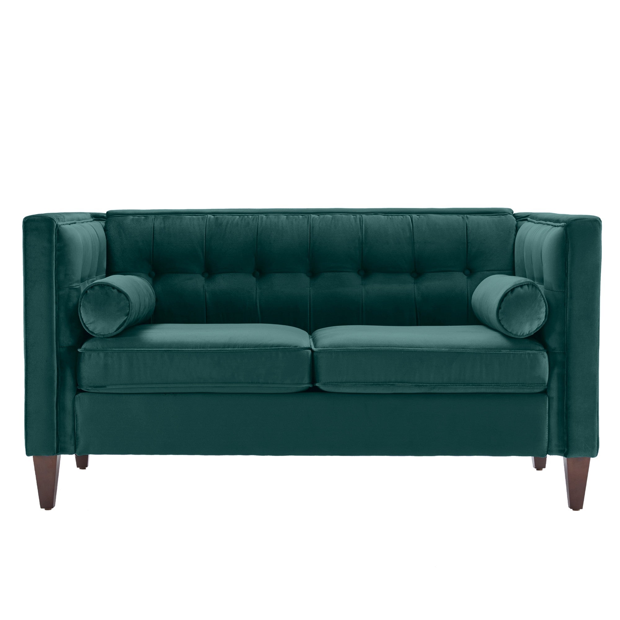 Teal Velvet Upholstered Loveseat with Bolster Pillows