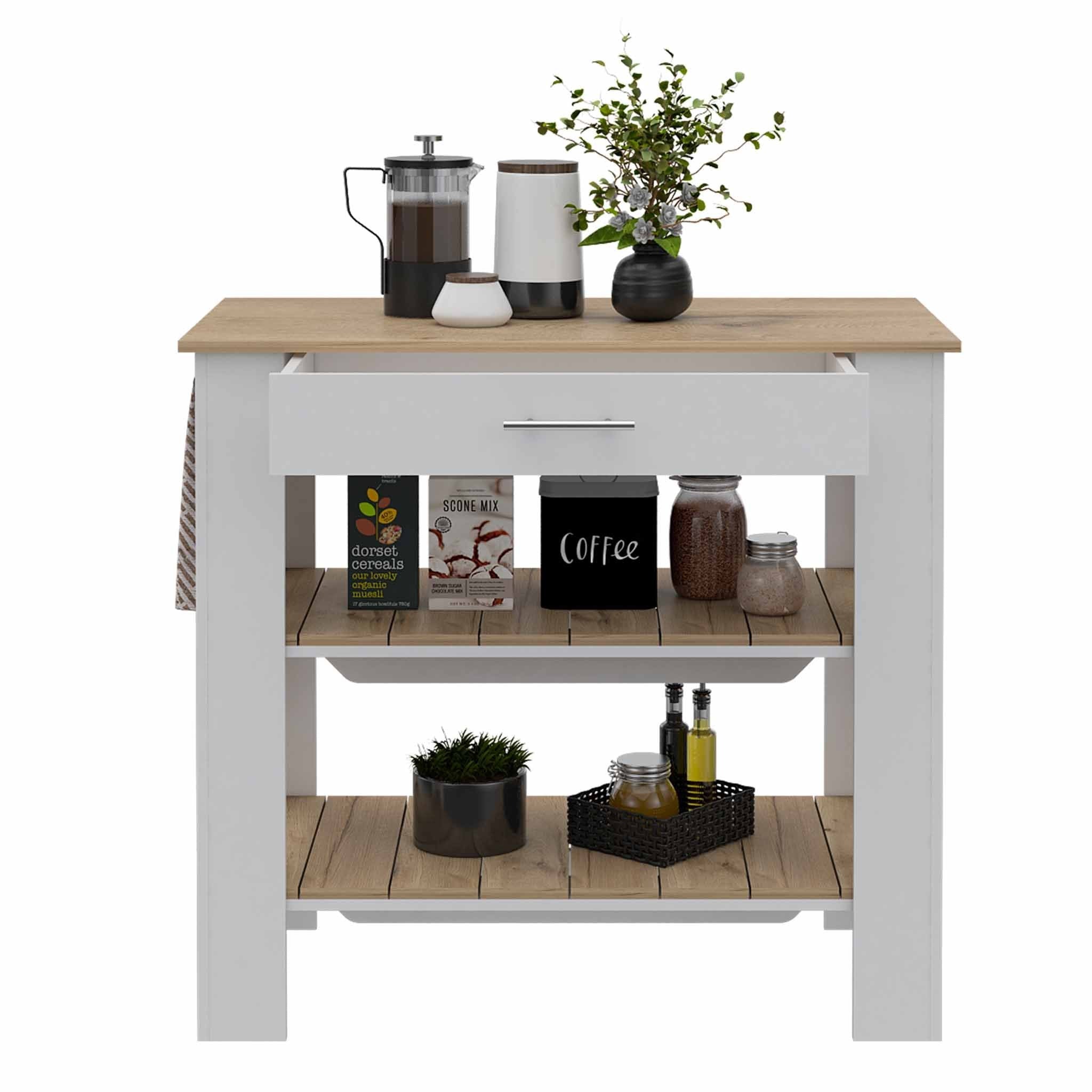 Light Oak and White Kitchen Island with Drawer and Two Open Shelves