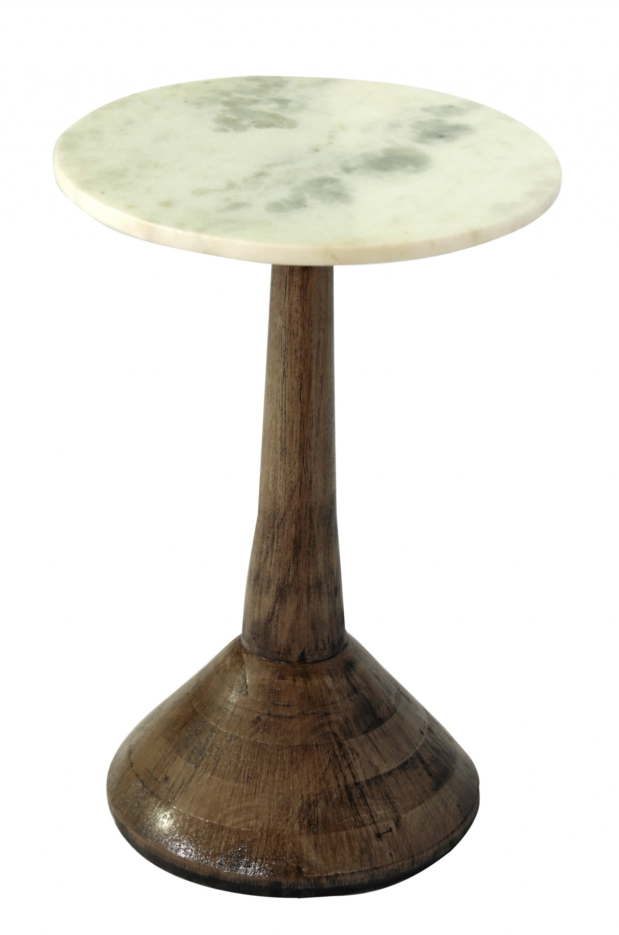 White Marble and Dark Mango Pedestal End or Side Table