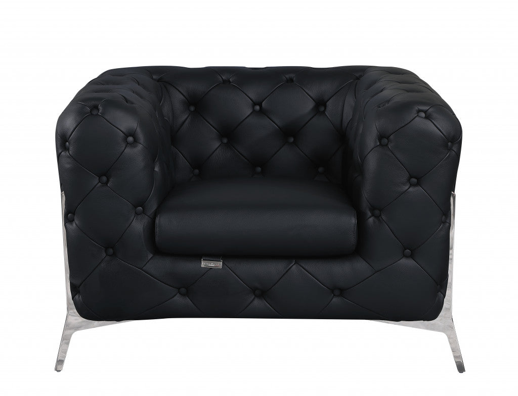 Glam Black and Chrome Tufted Leather Armchair