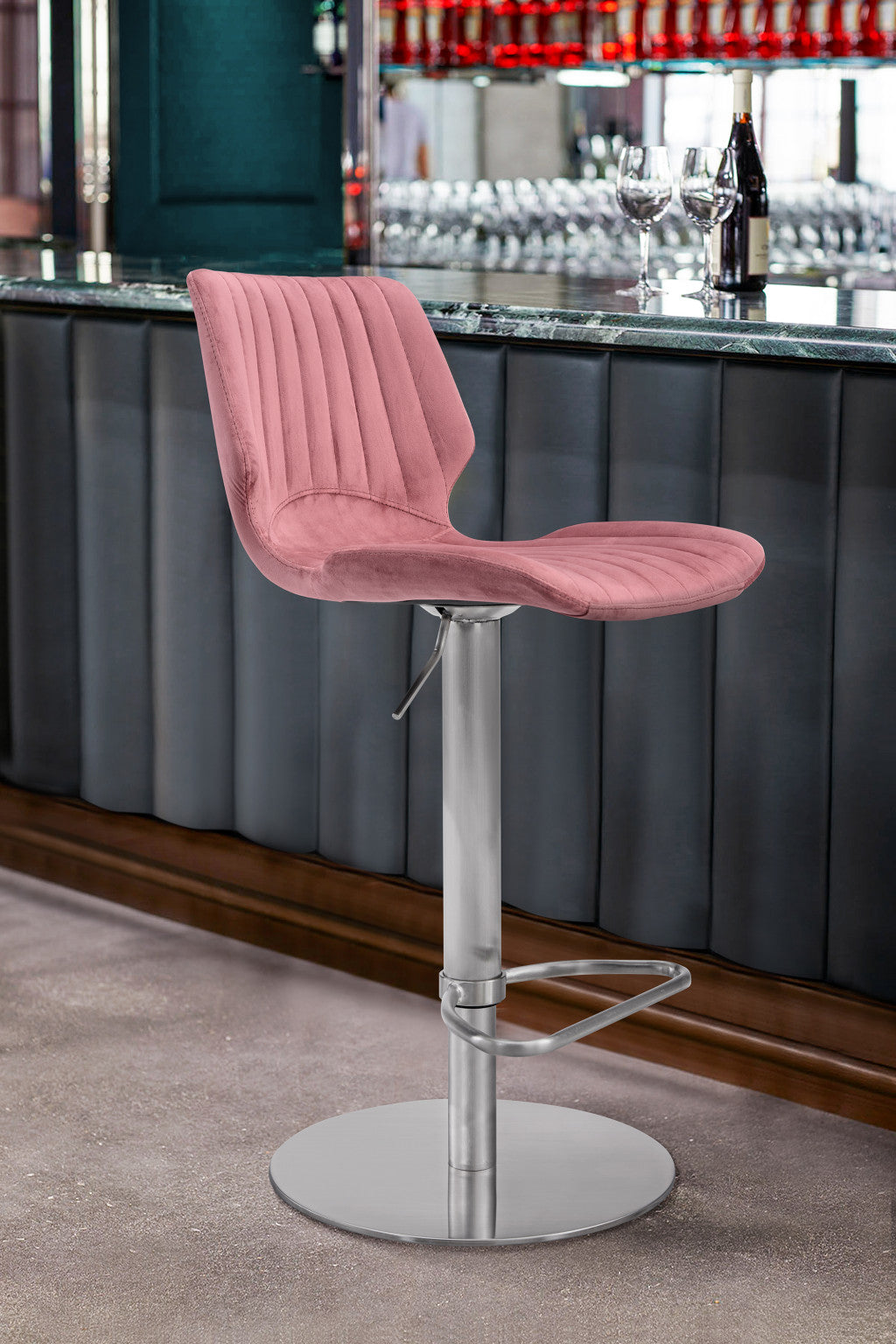 Rose Pink Velvet and Chrome Channel Adjustable Swivel Bar Stool