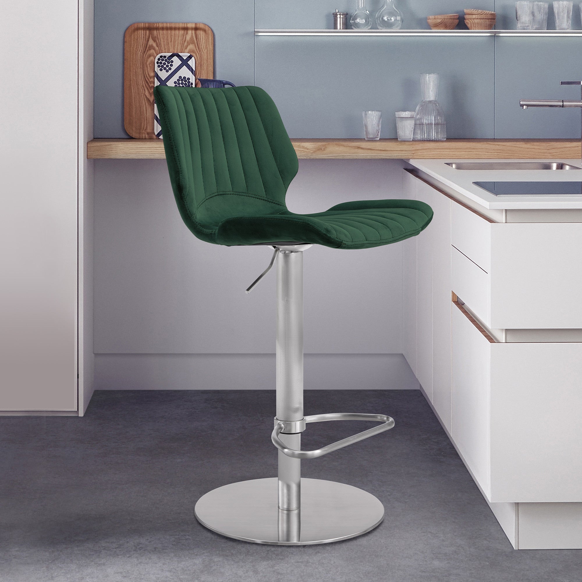 Deep Green Velvet and Chrome Channel Adjustable Swivel Bar Stool