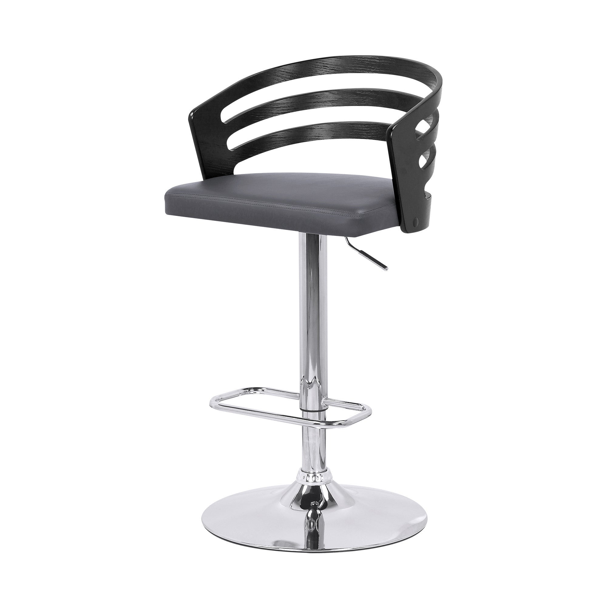 Gray Faux Leather Black Wood and Chrome Adjustable Swivel Bar Stool