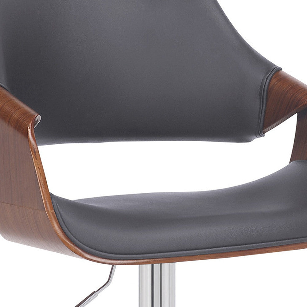 Grey Faux Leather and Walnut Wood and Chrome Swivel Adjustable Bar Stool