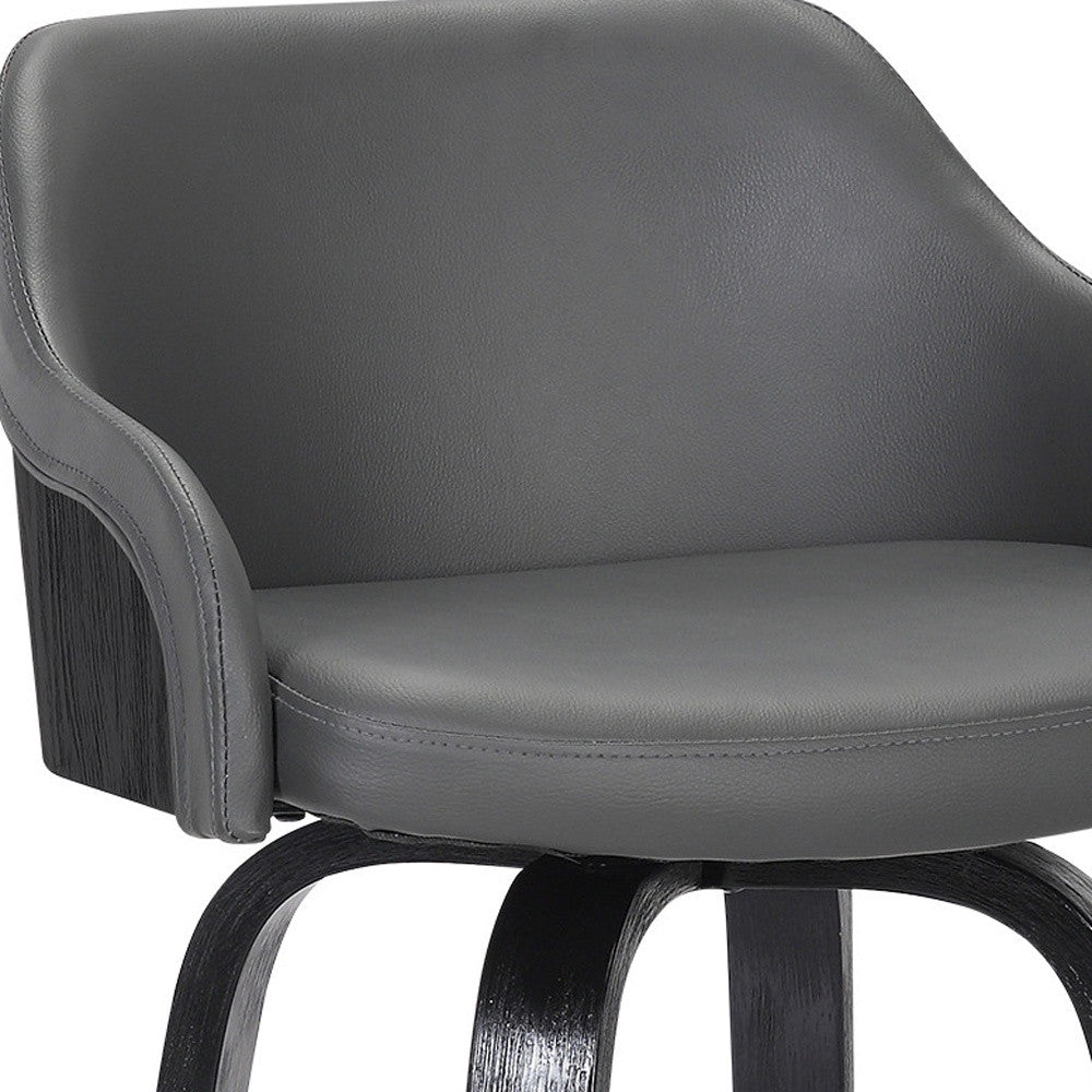 30” Gray Swivel Faux Leather Black Wooden Bar Stool