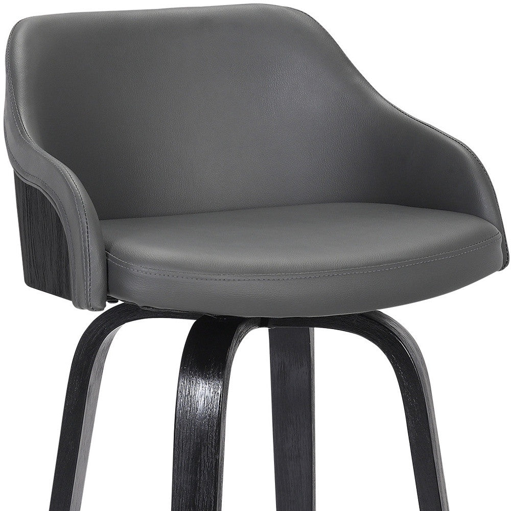 30” Gray Swivel Faux Leather Black Wooden Bar Stool