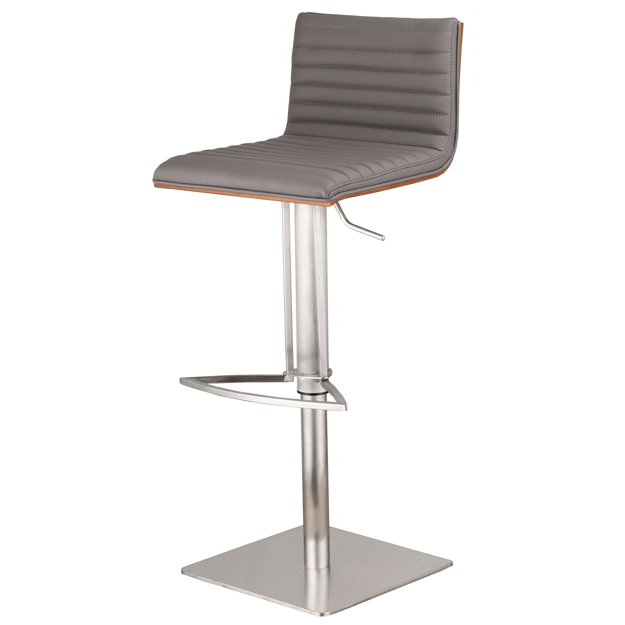 Grey Faux Leather Armless Swivel Bar Stool with Brushed Stainless Steel Base